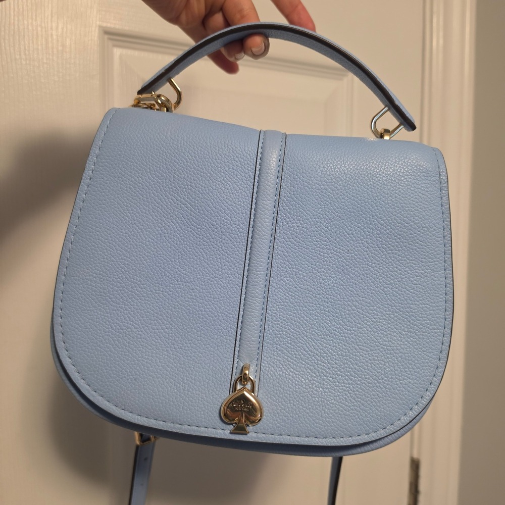Kate Spade Pebbled Leather Saddle Crossbody Bag Light Blue Small